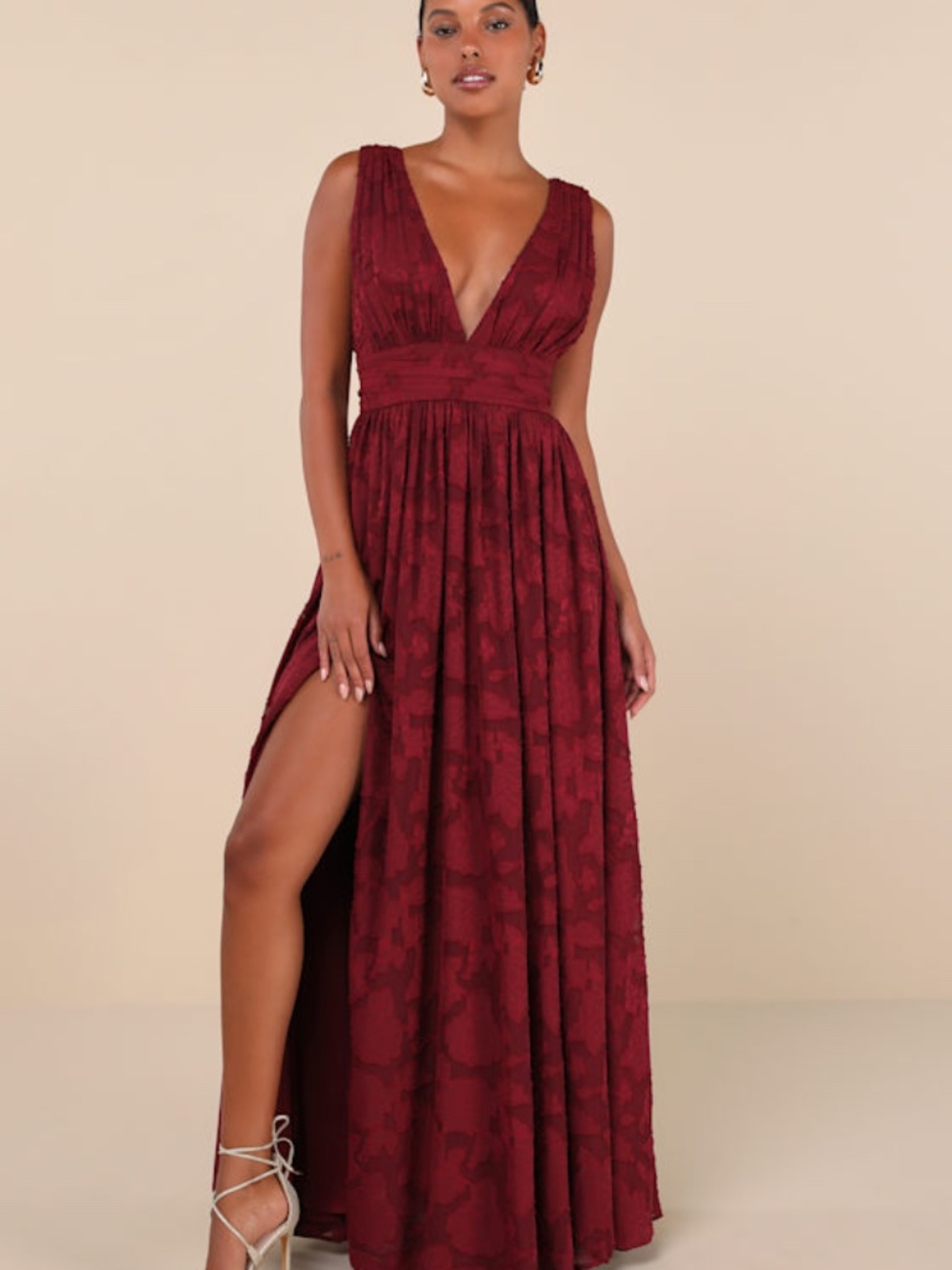 Lulus Sweet Sophistication Burgundy Burnout Floral Maxi Dress Red - Size L